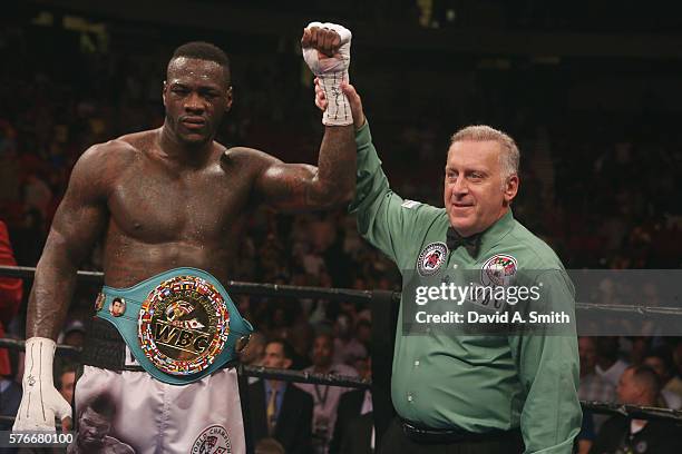 World Heavyweight Champion Deontay Wilder is announced the winner in his fight against Chris Arreola at Legacy Arena at the BJCC on July 16, 2016 in...