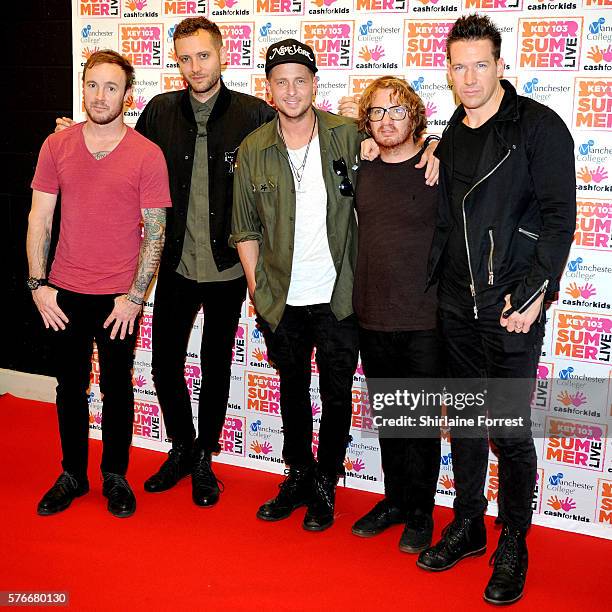 Eddie Fisher, Zach Filkins, Ryan Tedder, Drew Brown and Brent Kutzle of One Republic pose before performing at Key 103 Live at Manchester Arena on...