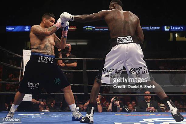 Chris Arreola fights WBC World Heavyweight Champion Deontay Wilder in a title fight at Legacy Arena at the BJCC on July 16, 2016 in Birmingham,...