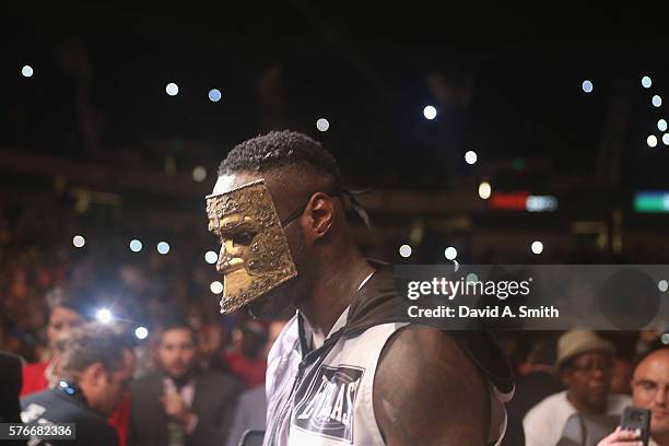 World Heayweight Champion Deontay Wilder walks to the ring to defend his title against Chris Arreola at Legacy Arena at the BJCC on July 16, 2016 in...