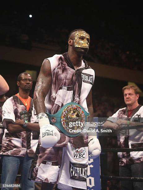 World Heavyweight Champion Deontay Wilder waits for the beginning of his title defense against Chris Arreola at Legacy Arena at the BJCC on July 16,...