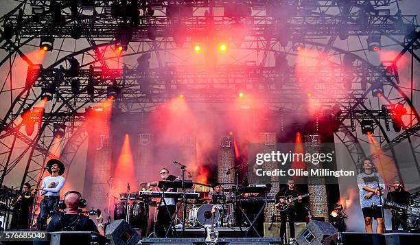 Fraser MacColl, George Day, Joshua Lloyd-Watson, Tom McFarland, Rudi Salmon and Andro Cowperthwaite of Jungle perform onstage on Day 2 of Lovebox...