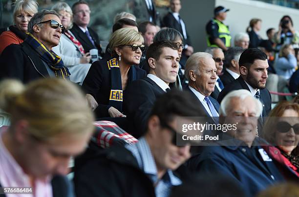 Vice-President Joe Biden with Mason Cox and Foreign Minister Julie Bishop and her partner David Panton watch the round 17 AFL match between the...