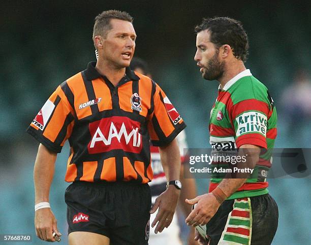 Shane Walker of the Rabbitohs questions referee Shayne Hayne during the round 11 NRL match between the Sydney Roosters and the South Sydney Rabbitohs...