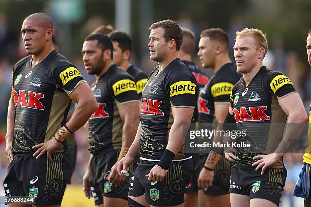 The Panthers look dejected after an Eels try during the round 19 NRL match between the Penrith Panthers and the Parramatta Eels at Pepper Stadium on...