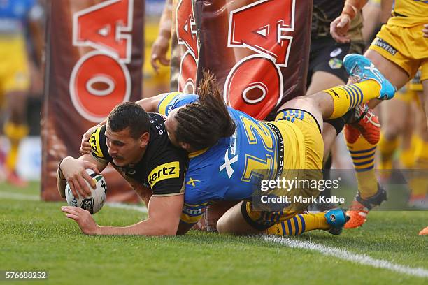 Reagan Campbell-Gillard of the Panthers scores a try during the round 19 NRL match between the Penrith Panthers and the Parramatta Eels at Pepper...