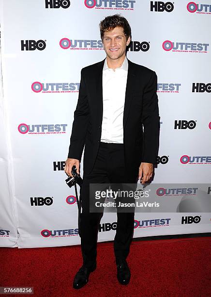 Actor Keegan Allen attends a screening of "King Cobra" and the presentation of the James Schamus Ally Award at the 2016 Outfest at Director's Guild...
