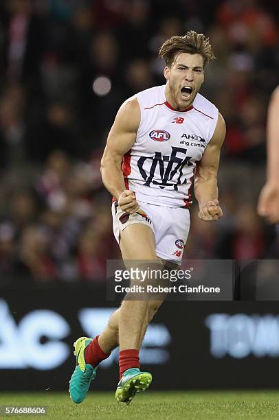 Jack Viney of the Demons celebrates after scoring a goal during the round 17 AFL match between the St Kilda Saints and the Melbourne Demons at Etihad...