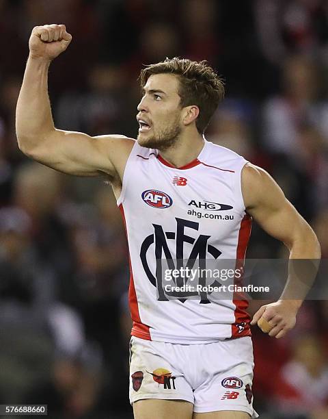 Jack Viney of the Demons celebrates after scoring a goal during the round 17 AFL match between the St Kilda Saints and the Melbourne Demons at Etihad...