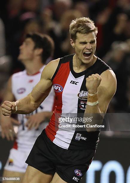 Nick Riewoldt of the Saints celebrates after scoring a goal during the round 17 AFL match between the St Kilda Saints and the Melbourne Demons at...