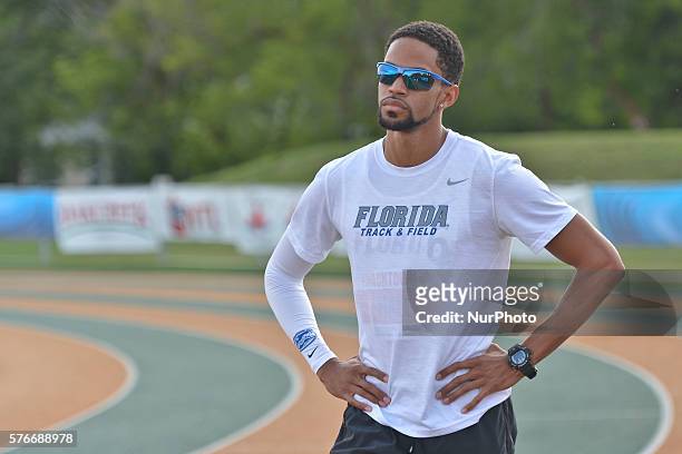 Arman Hall from USA prepares for Men 400 M at Track Town Classic, at the University of Albertas Foote Field, in Edmonton. Edmonton's track &amp;...