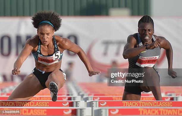 Jaquelin Coward and Dawn Harper-Nelson , during Women 100 M Hurdles, at Track Town Classic, at the University of Albertas Foote Field, in Edmonton....