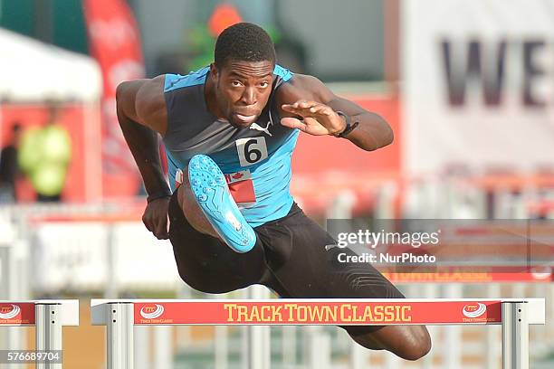 Andrew Riley from Jamaica, on his way to win Men 110 M Hurdles in 13.56, at Track Town Classic, at the University of Albertas Foote Field, in...