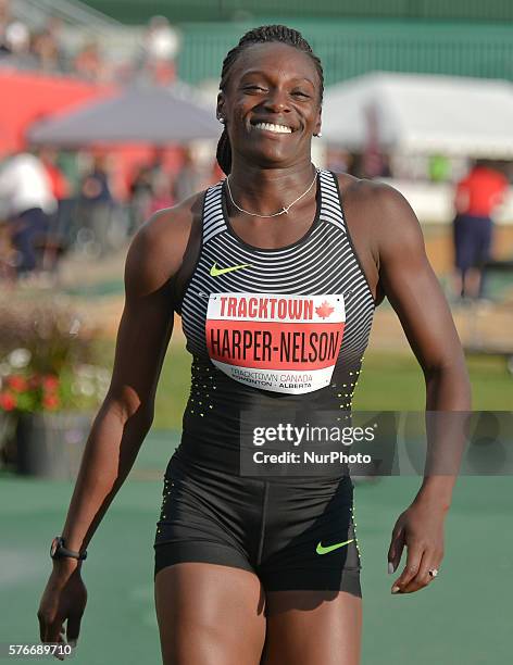 Dawn Harper-Nelson from USA finishes the second Women 100 M Hurdles with 13.15, at Track Town Classic, at the University of Albertas Foote Field, in...