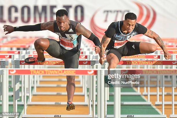 Shane Brathwaite and Aleec Harris , during Men 110 M Hurdles, at Track Town Classic, at the University of Albertas Foote Field, in Edmonton....