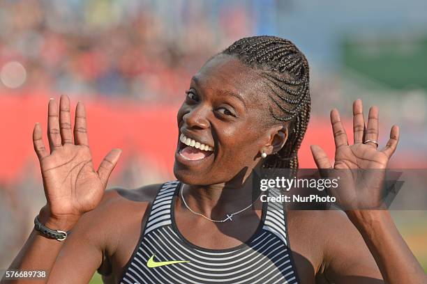 Happy Dawn Harper-Nelson from USA finishes the second Women 100 M Hurdles with 13.15, at Track Town Classic, at the University of Albertas Foote...