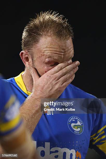 David Gower of the Eels looks dejected after defeat during the round 19 NRL match between the Penrith Panthers and the Parramatta Eels at Pepper...