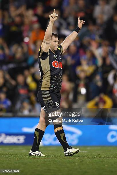 Trent Merrin of the Panthers celebrates victory during the round 19 NRL match between the Penrith Panthers and the Parramatta Eels at Pepper Stadium...