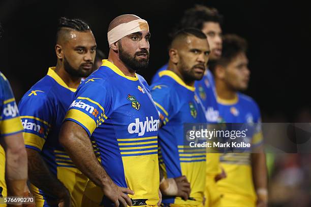 Tim Mannah of the Eels looks dejected after a Panthers try during the round 19 NRL match between the Penrith Panthers and the Parramatta Eels at...