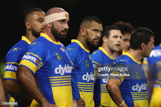 Manu Ma'u of the Eels looks dejected after a Panthers try during the round 19 NRL match between the Penrith Panthers and the Parramatta Eels at...