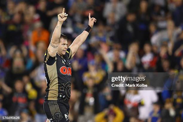 Trent Merrin of the Panthers celebrates victory during the round 19 NRL match between the Penrith Panthers and the Parramatta Eels at Pepper Stadium...