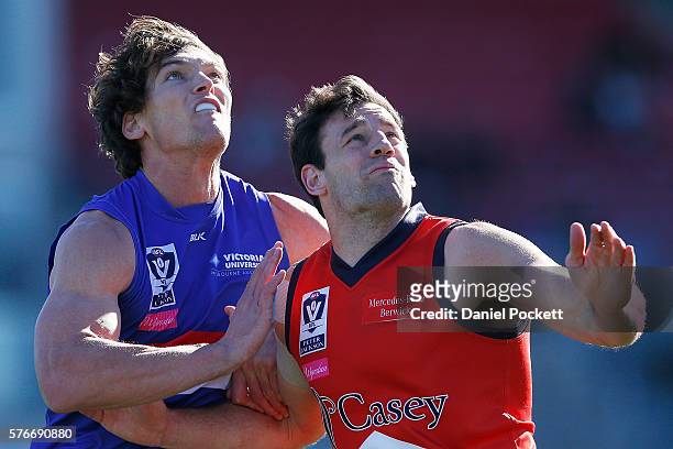 Will Minson of the Bulldogs and Liam Hulett of the Scorpions compete for the ball during the round 15 VFL match between the Footscray Bulldogs and...