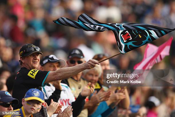 The Panthers supporters cheer during the round 19 NRL match between the Penrith Panthers and the Parramatta Eels at Pepper Stadium on July 17, 2016...