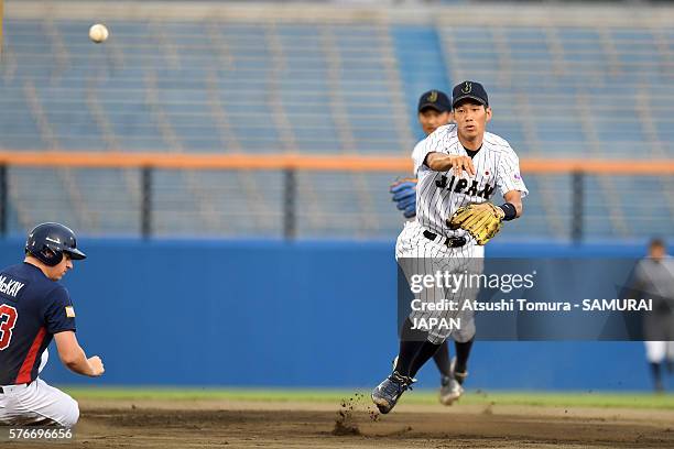 Yota Kyoda of Japan turns a double play in the top half of the 1st inning on the day 4 match between Japan v USA during the 40th USA-Japan...