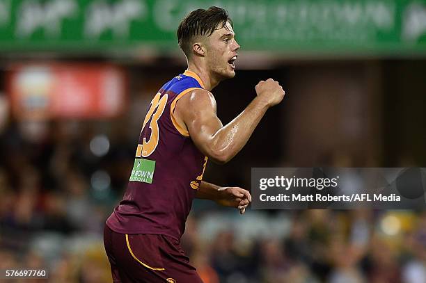 Josh Schache of the Lions celebrates kicking a goal during the round 17 AFL match between the Brisbane Broncos and the Greater Western Sydney Giants...