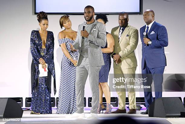 Host Holly Robinson Peete, Jada Crawley, NBA player Chris Paul, Chris Paul Family Foundation's Desiree Paul and CJ Paul, and host Rodney Peete speak...