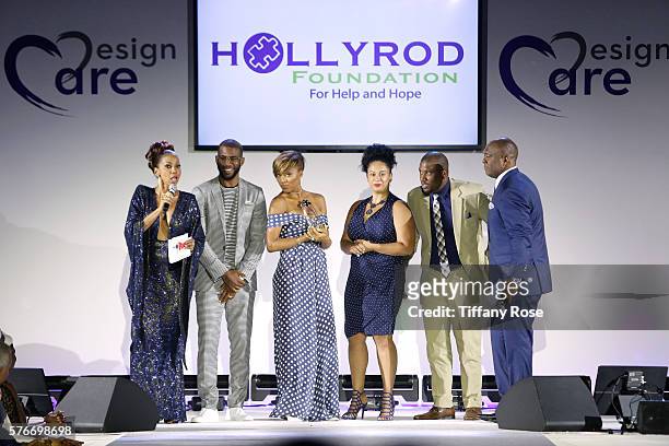 Host Holly Robinson Peete, NBA player Chris Paul, Jada Crawley, Chris Paul Family Foundation's Desiree Paul and CJ Paul, and host Rodney Peete speak...