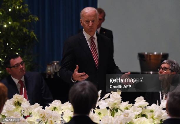 Vice President Joe Biden speaks during a dinner held by the Governor of Victoria state Linda Dessau at Government House in Melbourne on July 17,...