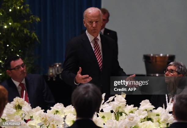 Vice President Joe Biden speaks during a dinner held by the Governor of Victoria state Linda Dessau at Government House in Melbourne on July 17,...