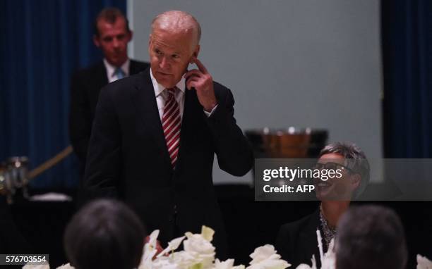 Vice President Joe Biden speaks during a dinner held by the Governor of Victoria state Linda Dessau at Government House in Melbourne on July 17,...