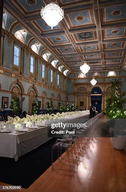 The dining room for US Vice President Joe Biden's dinner held by the Governor of Victoria Linda Dessau at Government Houseon July 17, 2016 in...