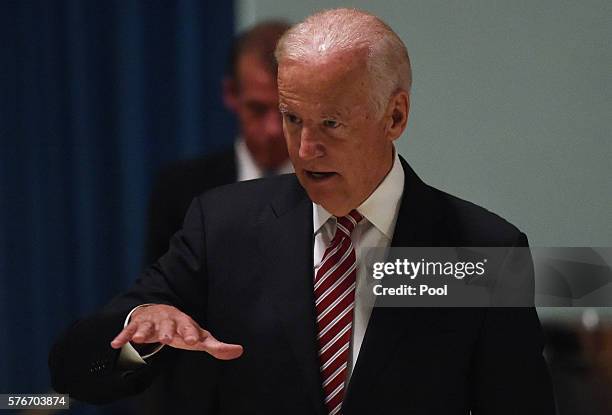 Vice President Joe Biden speaks during a dinner held by the Governor of Victoria Linda Dessau at Government Houseon July 17, 2016 in Melbourne,...