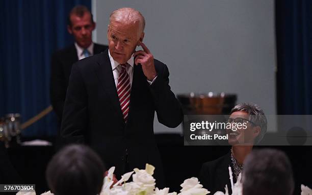 Vice President Joe Biden speaks during a dinner held by the Governor of Victoria Linda Dessau at Government Houseon July 17, 2016 in Melbourne,...