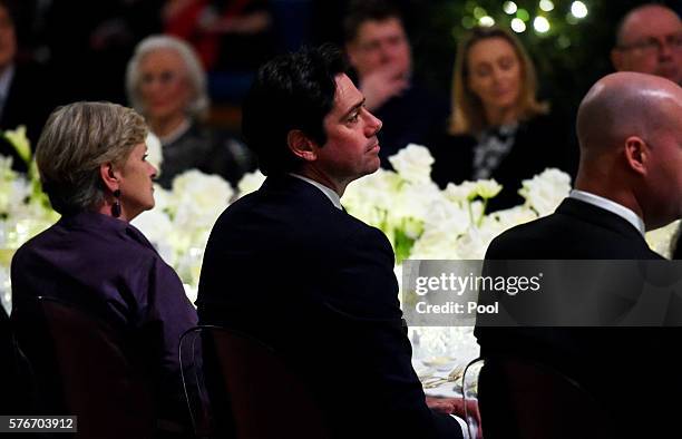 Gillon McLachlan listens to US Vice President Joe Biden speak during a dinner held by the Governor of Victoria Linda Dessau at Government Houseon...