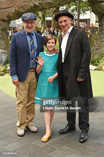 Director Steven Spielberg, Ruby Barnhill and Mark Rylance attend the UK Premiere of "The BFG" at Odeon Leicester Square on July 17, 2016 in London,...