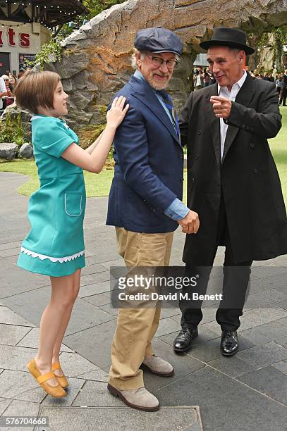 Ruby Barnhill, director Steven Spielberg and Mark Rylance attend the UK Premiere of "The BFG" at Odeon Leicester Square on July 17, 2016 in London,...