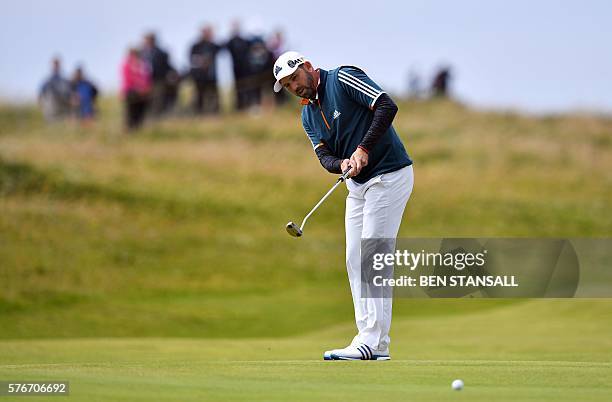 Spain's Sergio Garcia lines putts on the 4th green during his final round on day four of the 2016 British Open Golf Championship at Royal Troon in...