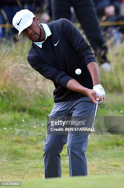 Golfer Tony Finau chips onto the 4th green during his final round on day four of the 2016 British Open Golf Championship at Royal Troon in Scotland...