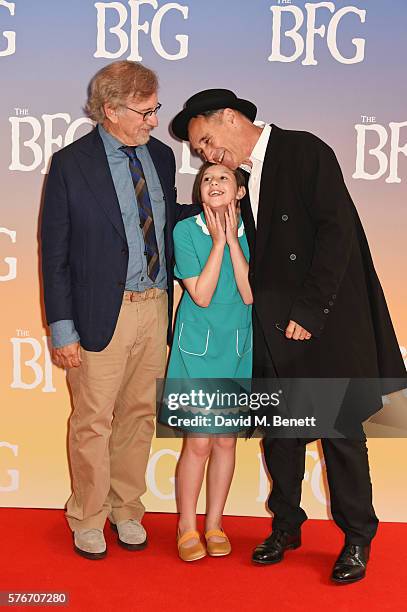 Director Steven Spielberg, Ruby Barnhill and Mark Rylance attend the UK Premiere of "The BFG" at Odeon Leicester Square on July 17, 2016 in London,...