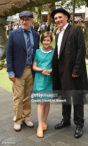 Director Steven Spielberg, Ruby Barnhill and Mark Rylance attend the UK Premiere of "The BFG" at Odeon Leicester Square on July 17, 2016 in London,...