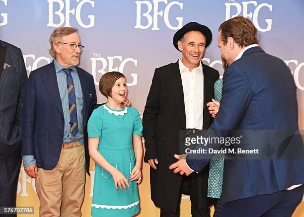 Director Steven Spielberg, Ruby Barnhill, Mark Rylance and Rafe Spall attend the UK Premiere of "The BFG" at Odeon Leicester Square on July 17, 2016...