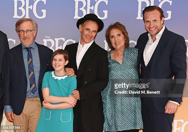 Director Steven Spielberg, Ruby Barnhill, Mark Rylance, Dame Penelope Wilton and Rafe Spall attend the UK Premiere of "The BFG" at Odeon Leicester...