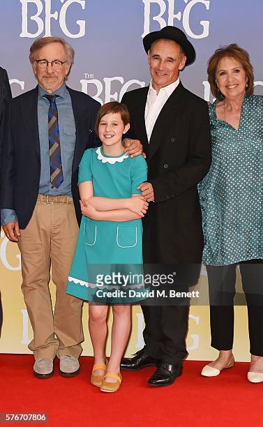 Director Steven Spielberg, Ruby Barnhill, Mark Rylance and Dame Penelope Wilton attend the UK Premiere of "The BFG" at Odeon Leicester Square on July...