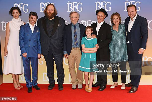 Rebecca Hall, Jonathan Holmes, Olafur Darri Olafsson, director Steven Spielberg, Ruby Barnhill, Mark Rylance and Rafe Spall attend the UK Premiere of...