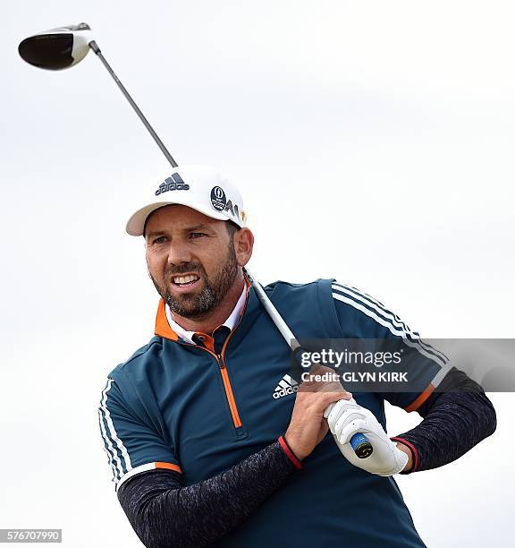 Spain's Sergio Garcia watches his drive from the 6th tee during his final round on day four of the 2016 British Open Golf Championship at Royal Troon...