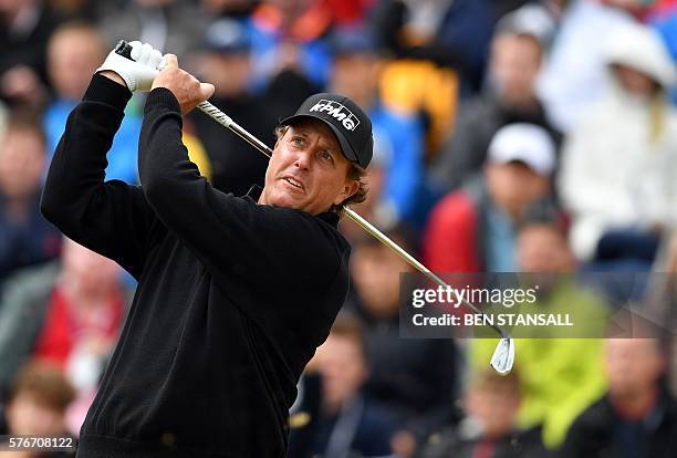 Golfer Phil Mickelson watches his shot from the 5th tee during his final round on day four of the 2016 British Open Golf Championship at Royal Troon...